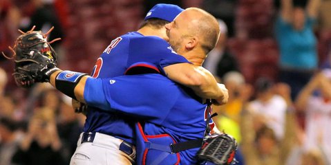 Arrieta and Ross embrace after a no-hitter (Dennis Wierzicki - USA Today Sports)