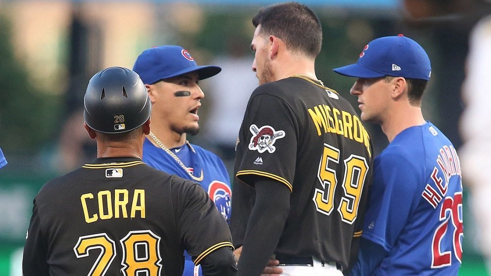 Javier Baez was not pleased with Joe Musgrove's hard slide into second base. (Photo Credit: Charles LeClaire-USA TODAY Sports)