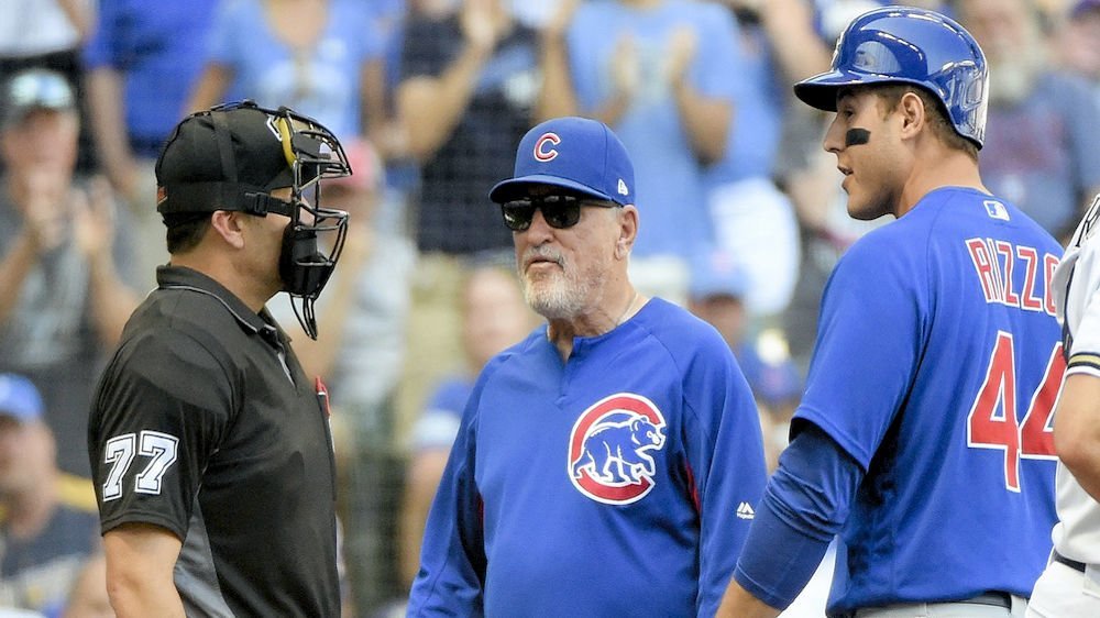 Anthony Rizzo epitomized the frustrating afternoon for the Cubs with his reaction to a questionable call on a third strike. (Photo Credit: Benny Sieu-USA TODAY Sports)