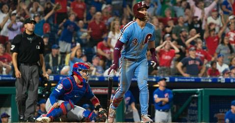 Philadelphia Phillies slugger Bryce Harper crushed a jaw-dropping grand slam that downed the Chicago Cubs. (Credit: Bill Streicher-USA TODAY Sports)