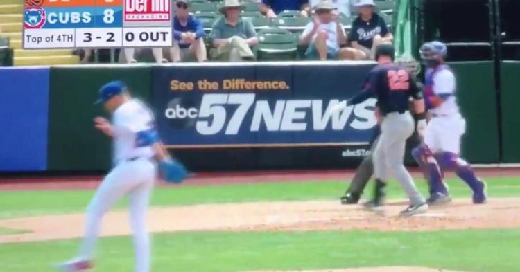 Cubs pitching prospect Cam Sanders performs a "skip-to-my-lou" routine after recording strikeouts.