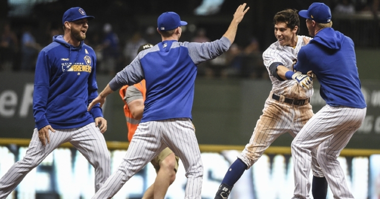 Christian Yelich plated the winning run via a walkoff double in the bottom of the ninth on Saturday. (Credit: Benny Sieu-USA TODAY Sports)