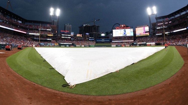 The rain delay at Busch Stadium, which spanned over 3 1/2 hours, lasted longer than most games. (Credit: Zach Dalin-USA TODAY Sports)
