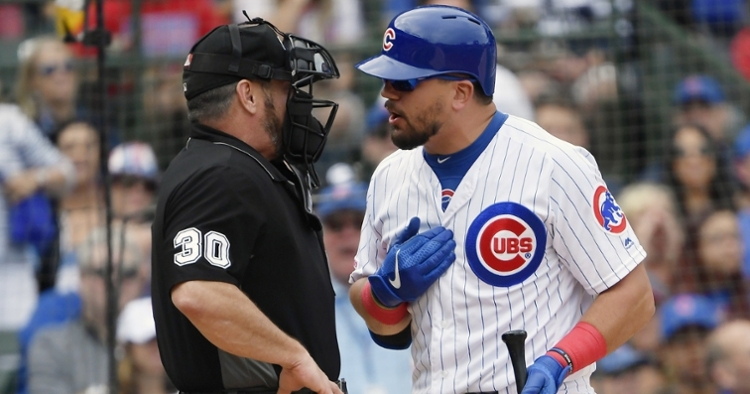 A questionable strike-three call that came at Kyle Schwarber's expense potentially spoiled a big inning for the Cubs. (Credit: Quinn Harris-USA TODAY Sports)