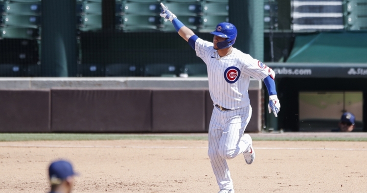 Contreras pointing after a homer on Sunday (Kamil Krzaczynski - USA Today Sports)