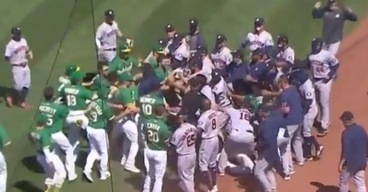 Both dugouts emptied after an HBP in the Astros-Athletics game on Sunday.