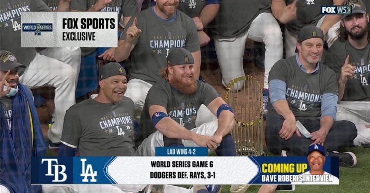 Justin Turner celebrating with his teammates and coaches (Credit: Don Van Natta Jr.)