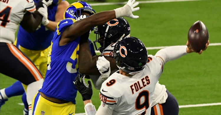 Chicago Bears quarterback Nick Foles (9) walks on the sidelines during the  second half of an