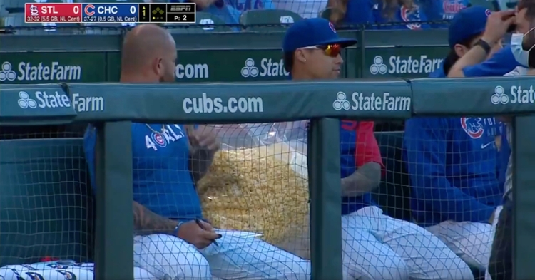 Javier Baez of the Chicago Cubs spits out seeds in the dugout