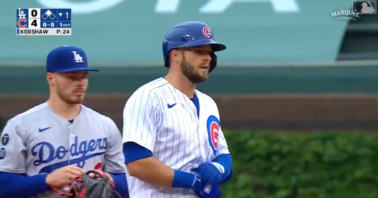 David Bote placed the Dodgers in an early bind by slugging a three-run double in the first inning.