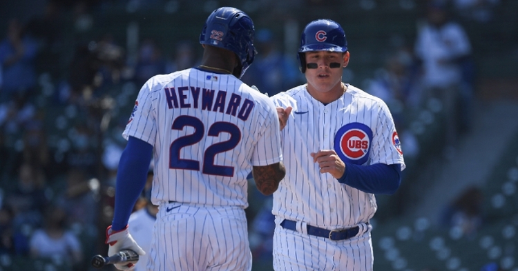 Heyward and Rizzo celebrating after a score (Quinn Harris - USA Today Sports)
