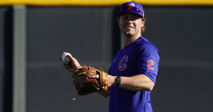 Chicago Cubs Nico Hoerner (2) runs to first base during a Major