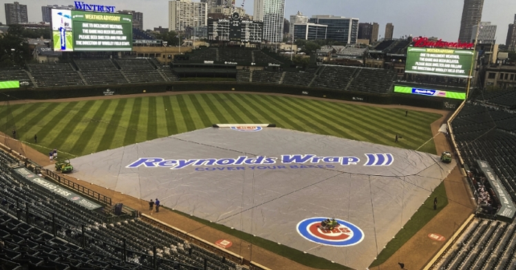 A weather delay occurred with the Cubs trailing the Diamondbacks 7-2 midway through the ninth inning. (Credit: Matt Marton-USA TODAY Sports)