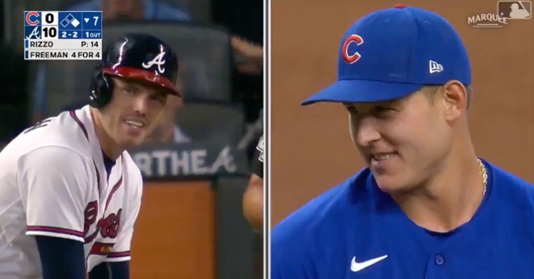 Cubs' Rizzo gets a good laugh after striking out Freeman