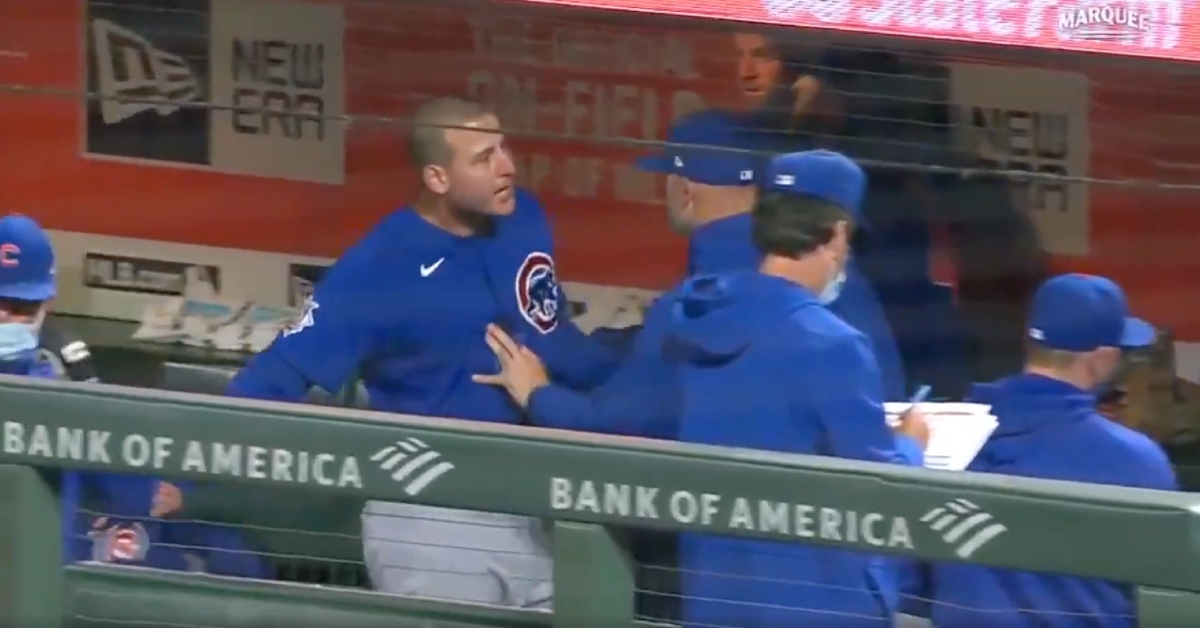 A Cubs Anthony Rizzo jersey hangs near the Yankees dugout in the