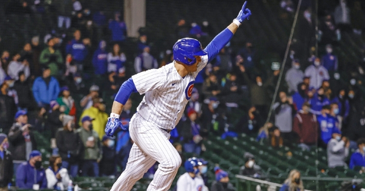 Tony Wolters of the Chicago Cubs bats against the Los Angeles