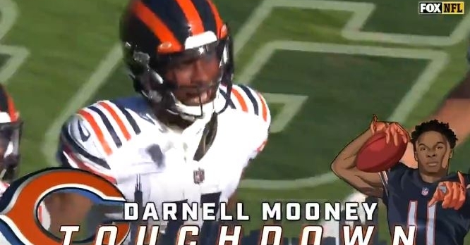 November 6, 2022: Chicago Bears #11 Darnell Mooney celebrates his touchdown  with quarterback #1 Justin Fields