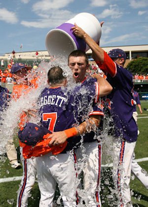 Clemson head coach Jack Leggett celebrates Clemson's 12th trip to Omaha. (Photos: fotoman)