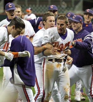 Tigers celebrate the walk off win.