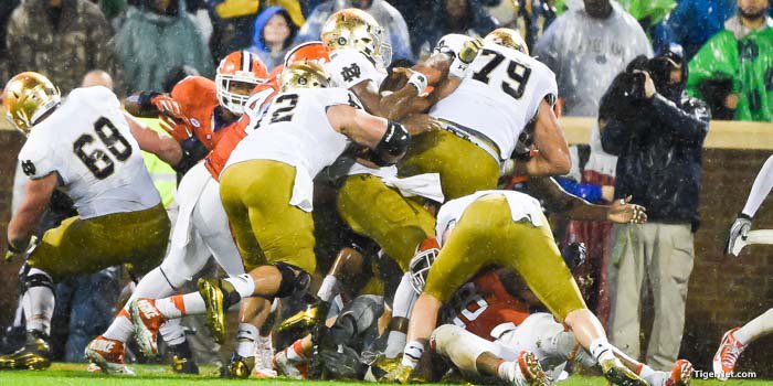 Deshone Kizer’s two-point conversion run stopped short of the goal line.