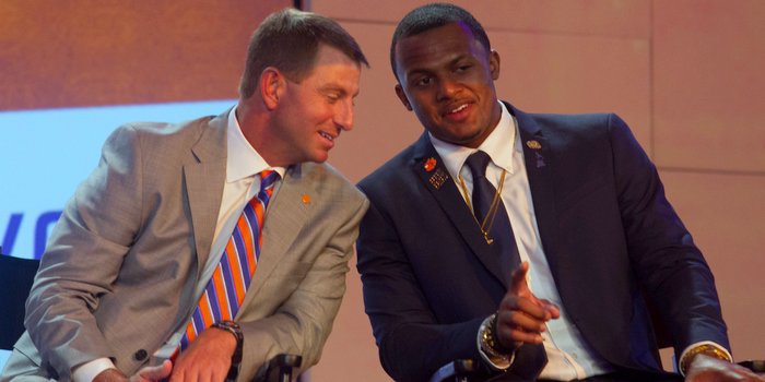 Clemson head coach Dabo Swinney and quarterback Deshaun Watson at last year's kickoff