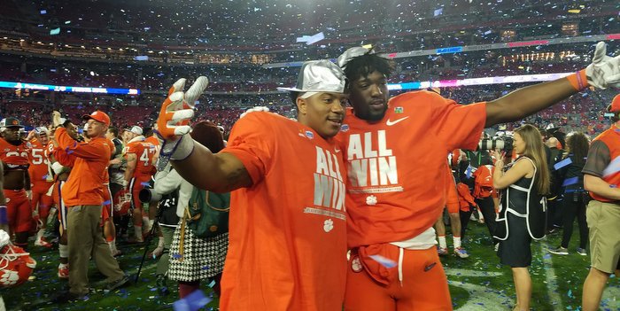 Deon Cain and C.J. Fuller celebrate the win