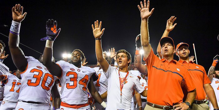 Joseph (34) celebrates after Clemson's win over Auburn