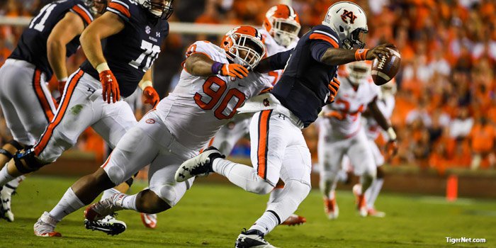 In first Clemson, Lawrence had 10 tackles, a sack and a pass breakup against Auburn.