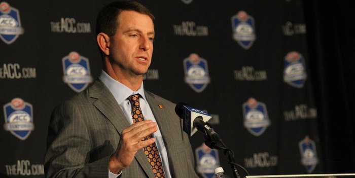 Swinney speaks with the media Friday at Camping World Stadium
