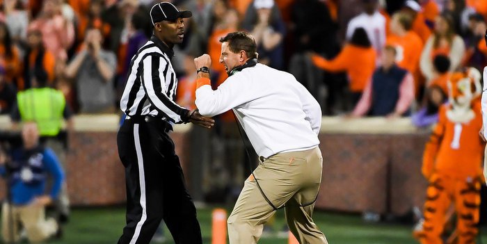 Swinney screams at an official during the loss to Pitt