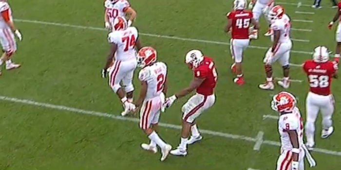 Chubb sneaks in to take Bryant's towel (Photo credit to ESPN)