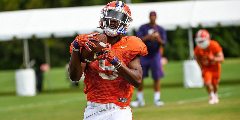 Etienne makes a catch in practice
