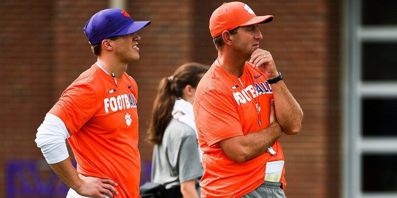 Swinney and Tyler Grisham at practice