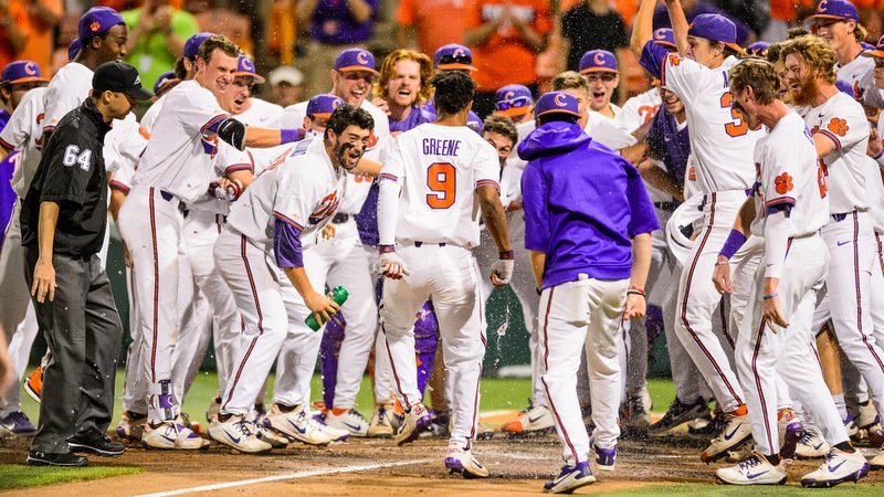 Jordan Greene celebrates with his teammates after the walkoff win (Photo by David Grooms)