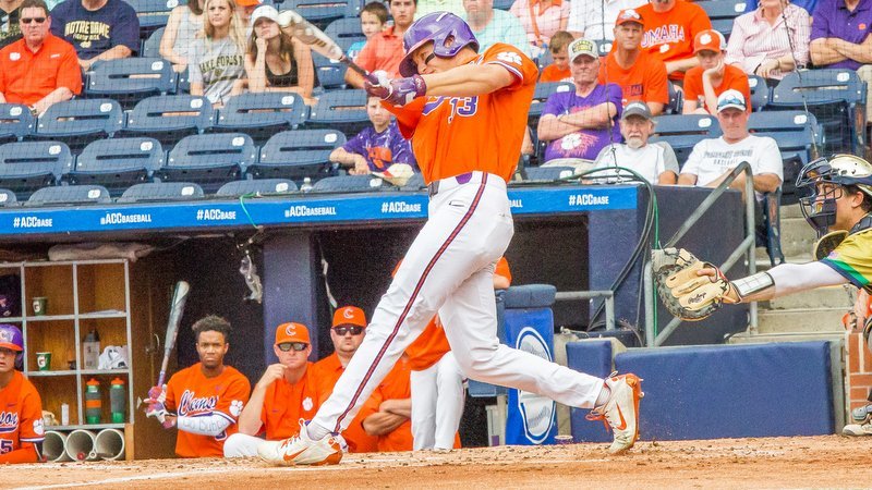 Drew Wharton takes an early swing against Notre Dame (Photo by Christopher Sloan)