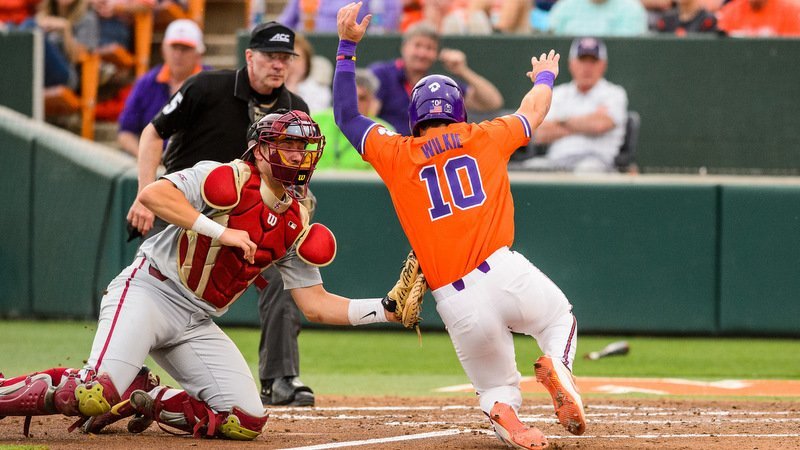 Kyle Wilkie is tagged out at the plate early in the contest (Photo by David Grooms)