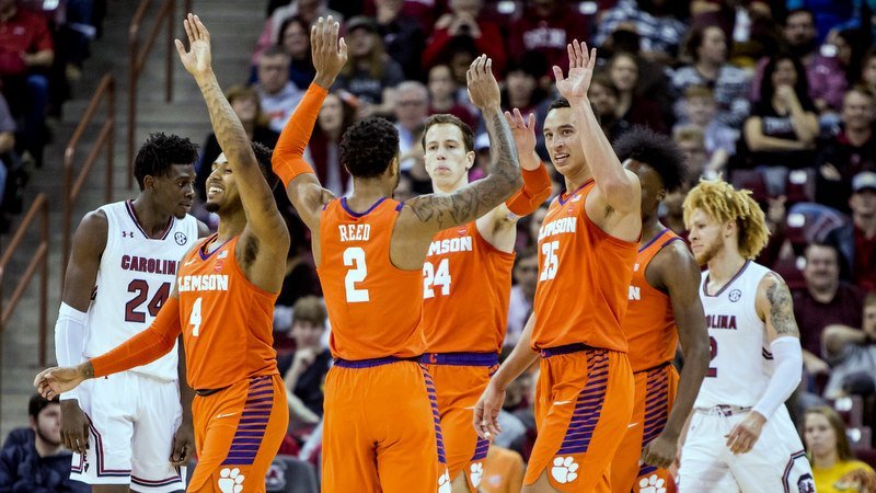 Clemson celebrates an early basket at South Carolina (Photo by Jeff Blake, USAT)