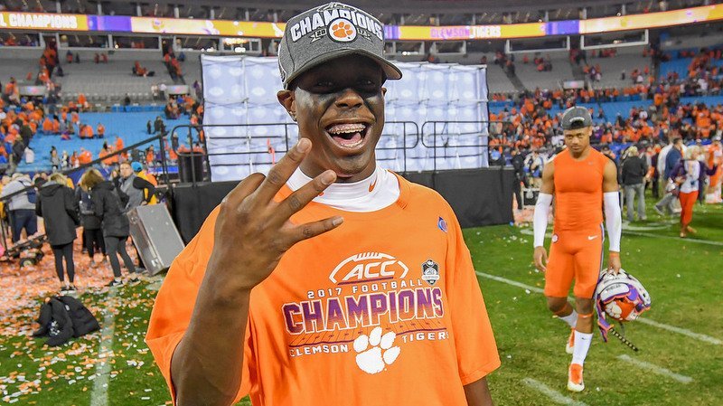 Etienne celebrates Clemson's win over Miami in the ACC Championship