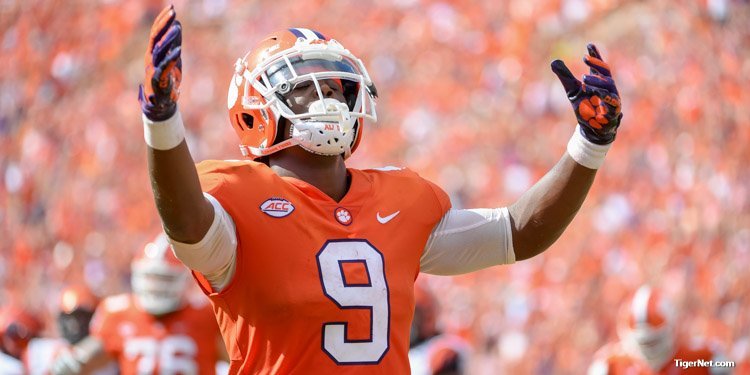 Travis Etienne reacts after his game-winning touchdown