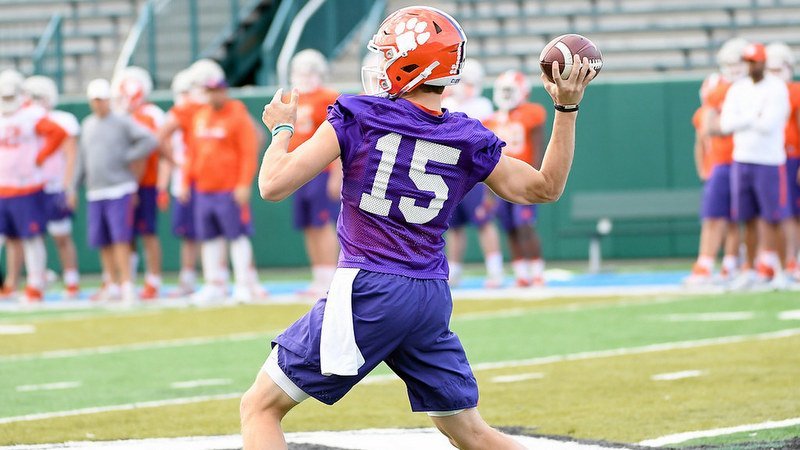 Hunter Johnson throws during practice for the Sugar Bowl