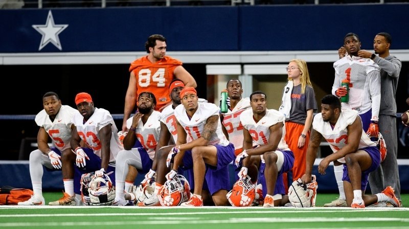 Clemson players watch practice at AT&T Stadium this week