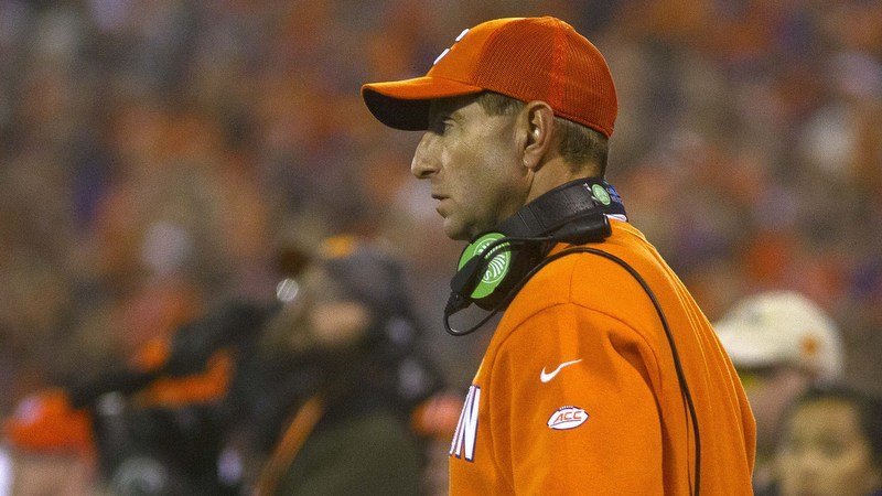 Clemson head coach Dabo Swinney glares at an official during the win over the Gamecocks (Photo by Josh Kelly, USAT)