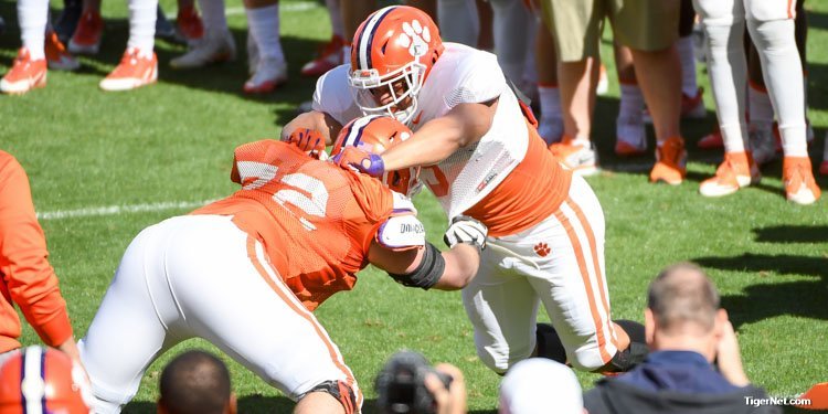 Xavier Thomas battles an offensive lineman in the PAW drill