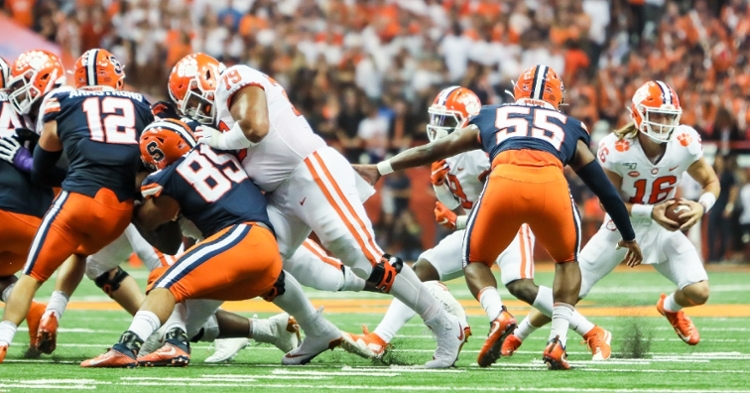 Jackson Carman (79) has anchored the left side of Clemson's offensive line.
