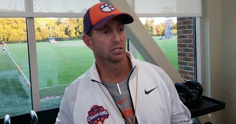 Head coach Dabo Swinney speaks with the media after Wednesday's practice