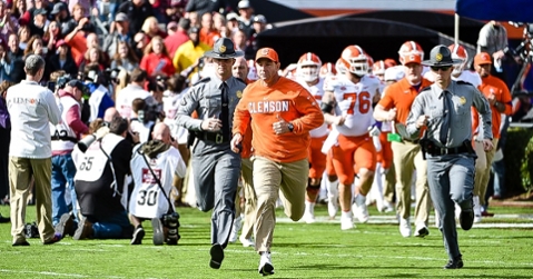 Dabo Swinney leads his team out on the field at South Carolina Saturday