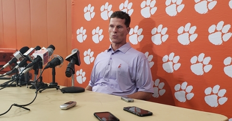 Brent Venables talks to the media Monday in the indoor practice facility