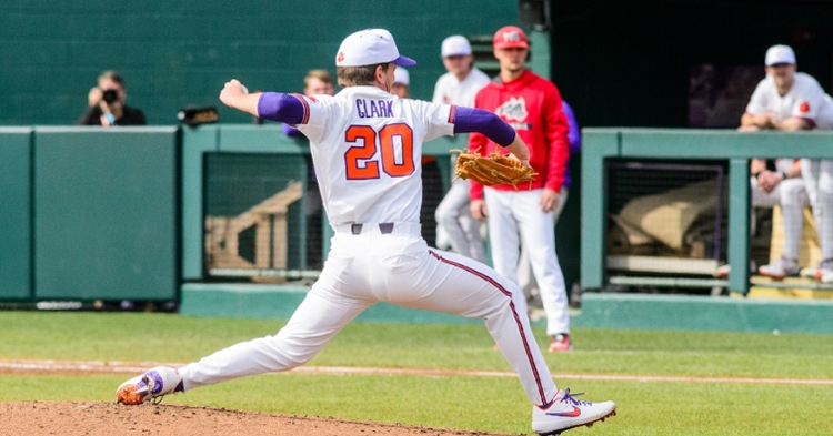 Mat Clark delivers a pitch Sunday against Stony Brook (Photo by David Grooms)