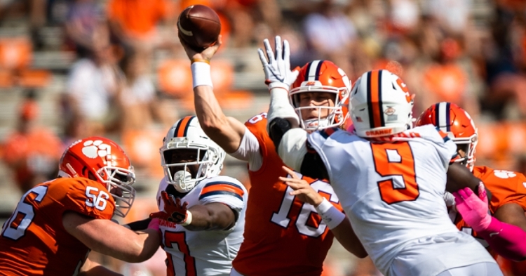 Trevor Lawrence looks for a throwing lane. (Photo courtesy of ACC)