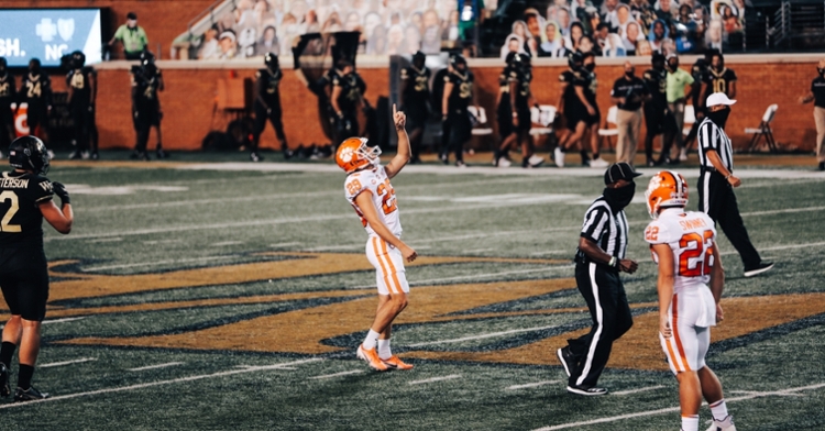 BT Potter points to the heavens after a field goal (Photo per the ACC).